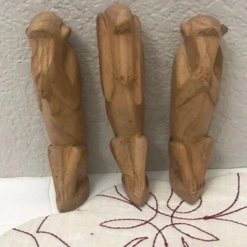 Vintage Hand Carved Wooden Monkey See No Evil, Hear No Evil, Speak No Evil